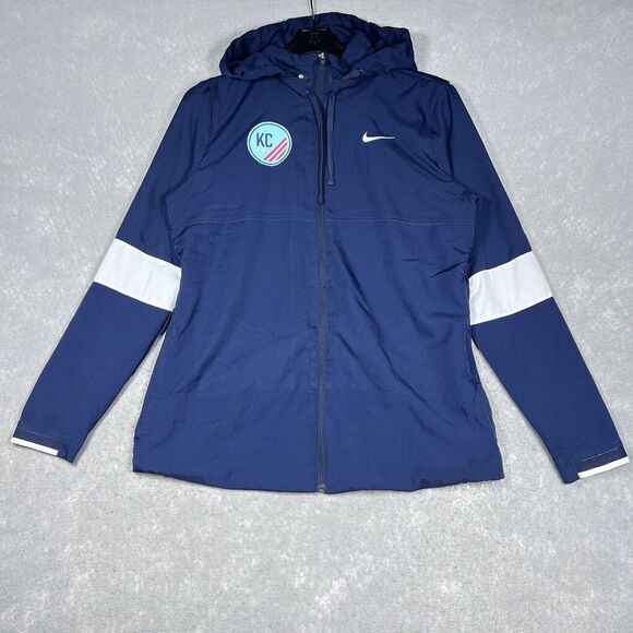 Nike Dri-Fit Women Size Large Blue Dry Jacket Running Full Zip Hooded CJ1769-420 - Picture 1 of 14
